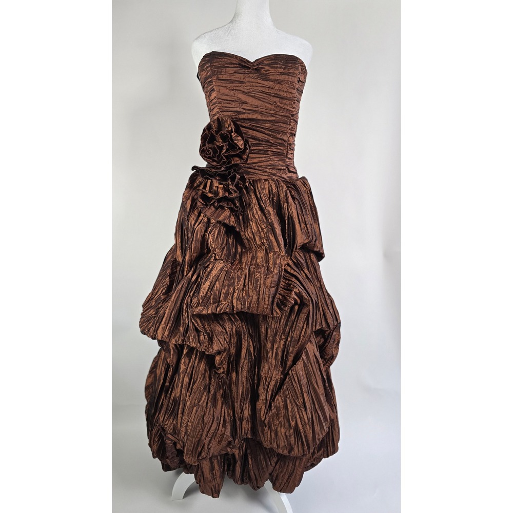 Vintage Bronze Metallic Strapless Tiered Ruffle Floral Formal Ballgown Gown - Picture 2 of 12